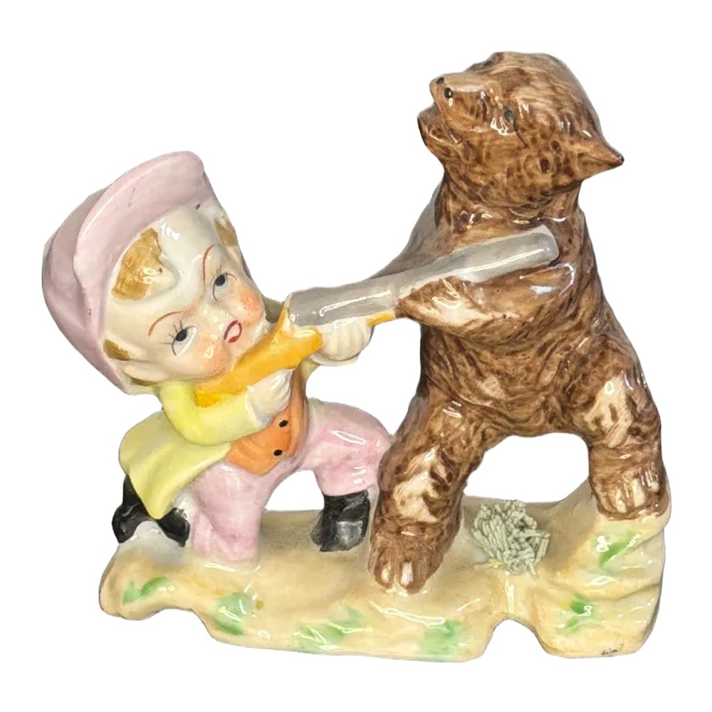 Vintage Made in Japan Figurine Boy Vs. Bear with Rifle Rare Kitsch Collectible